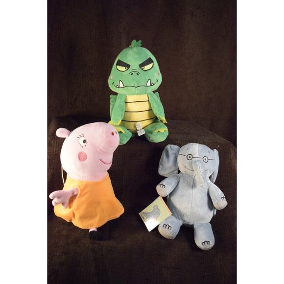 Lot of 3 Small Plush Kids Characters Peppa Pig Rogan Godzilla Elephant Piggie - Picture 1 of 13